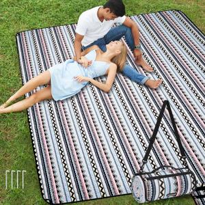 Picnic Blankets Extra Large Outdoor - Beach Blanket Waterproof Sand proof with Shoulder Strap, Machine Washable, Picnic Mat with Stakes for Grass Concert, Park. Boho Geometry (Black)