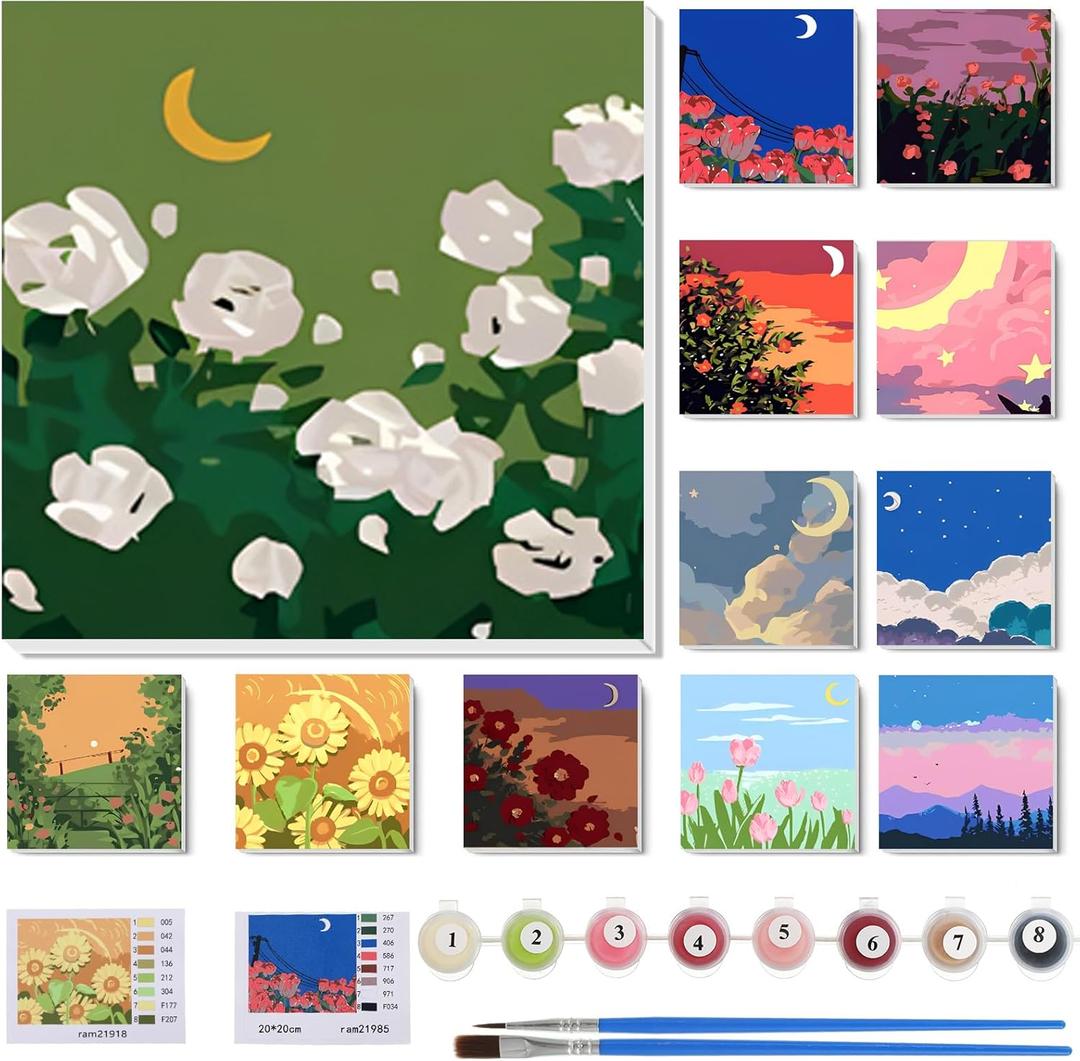 Nezyo 12 Sets Paint by Numbers Kit with Frame for Adult Beginners, Paint by Number DIY Acrylic Painting Canvas for Painting Party, Classroom Activity Birthday Gift, 8 x 8 Inch