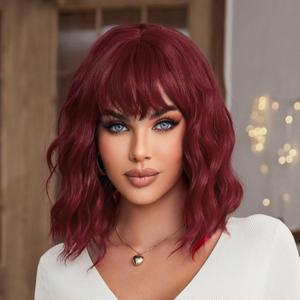 Red Wig with Bangs Short Wavy Wigs for Women Wine Red Curly Shoulder Length Bob Wig Synthetic fiber Wigs for Cosplay Party Daily Use (14 Inch)