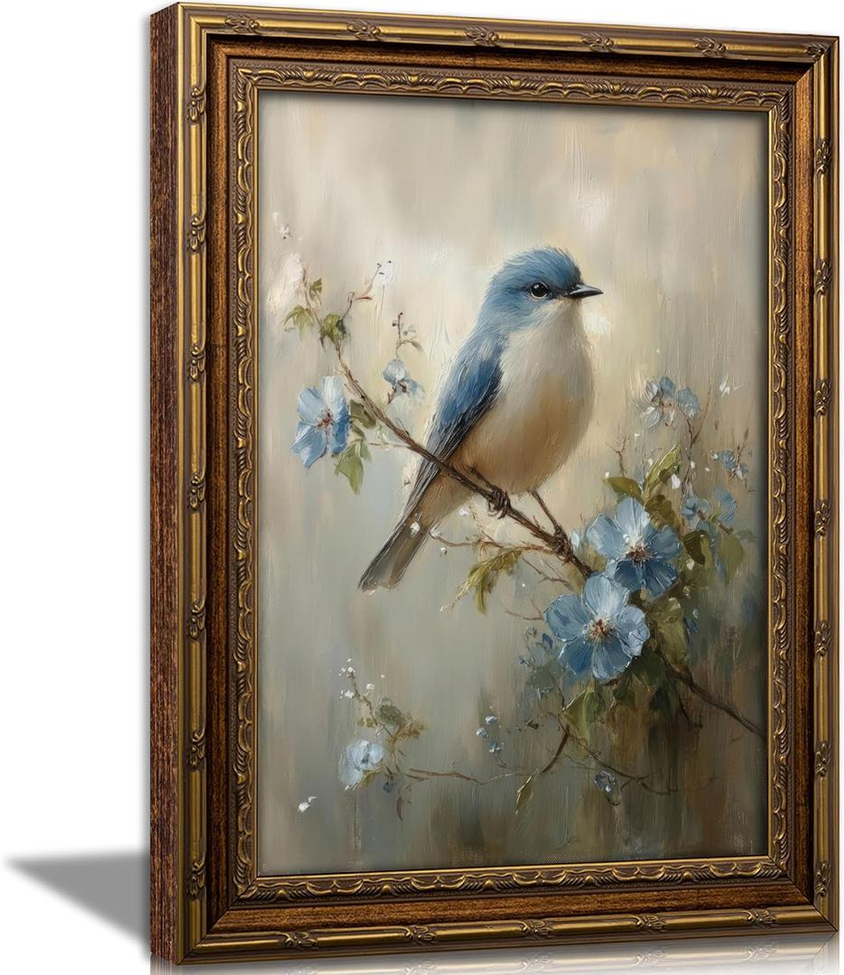 Gold Framed Bird Canvas Wall Art Vintage Blue Sparrow Painting Picture Wall Decor Pictures Sparrow on Branch Poster Print Artwork for Corridor Classroom Bedroom Kitchen Home Decoration, 24"L x 16"W