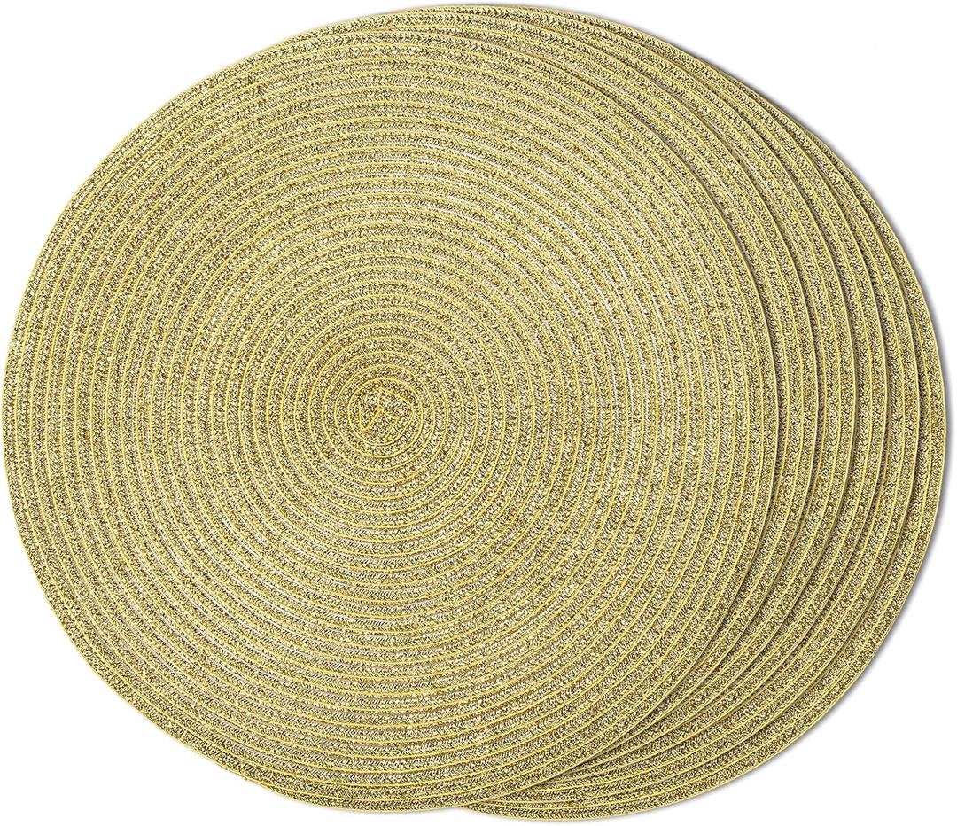 FunWheat Round Braided Placemats Set of 6 Table Mats for Dining Tables Woven Washable Non-Slip Place mats 15 inch(Shining Gold, 6pcs)