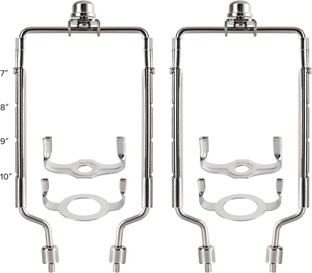 GO&SO Lamp Harp Kit, 7 8 9 10 inch Adjustable Lamp Shade Holder for Table Lamp, Hardware Parts Included 3/8 Standard Saddle, E26 Light Base UNO Fitter Adapter, Lamp Bracket Accessories, Nickel, 2 Pack