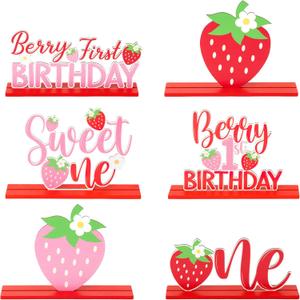 Haooryx Strawberry Birthday Sign Wooden Centerpieces - 6Pcs Sweet Berry ONE Letter Sign 1st First Birthday Party Decoration Table Topper for Girl Birthday Baby Shower Party Table Photo Prop Decoration