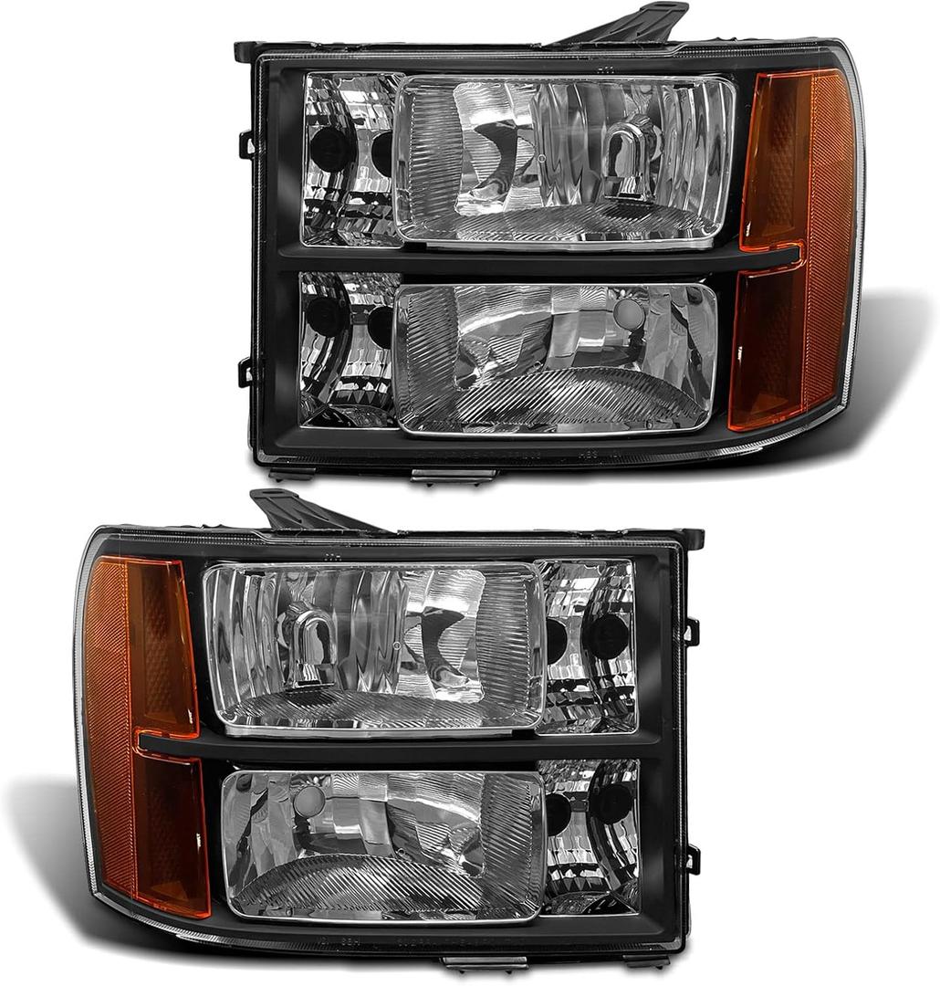 for 2007 2008 2009 2010 2011 2012 2013 2014 Sierra Headlight Assembly compatible with 07-13 GMC Sierra 1500/07-14 GMC Sierra 2500HD 3500HD Black Housing Amber Reflector Replacement L+R