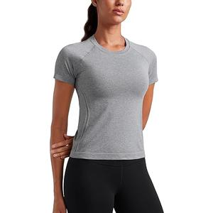 CRZ YOGA Seamless Workout Tops for Women Waist Length - Running Gym Athletic Yoga Short Sleeve Shirts Breathable Crewneck Medium
