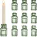 Hewory Glass Taper Candle Holders: 10 PCS Green Vintage Candle Holder Candlestick Holders Bulk, Ribbed Glass Candle Holder Candle Sticks Holder Decor for Table Centerpiece Wedding Christmas Home Decor