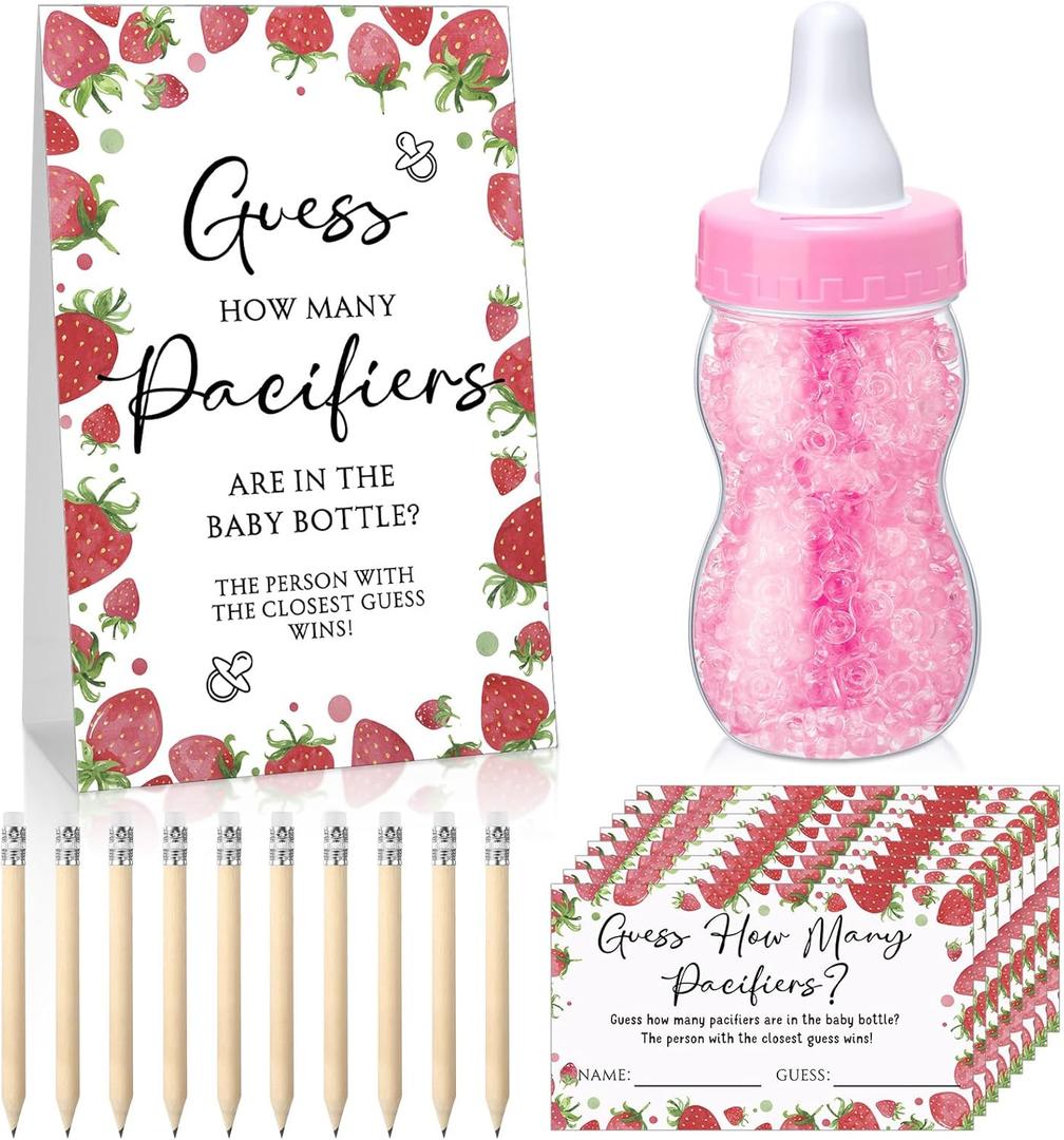 Roowest 512 Pcs Baby Shower Games Guess How Many Pacifiers Sign 100 Small Guessing Games 10 HB Pencils 750ml Milk Bottle 400 Acrylic Pacifiers Decoration for Guest Gender Reveal (Pink,Strawberry)