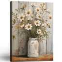 Framed Daisy Jar Vintage Flowers Wall Art Decor Canvas Print Country Poster Gallery Picture Country Plants Farmhouse Art Painting Kitchen Bathroom Living Room Decor 16x24 Inch Ready to Hang