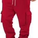 Mens Fleece Cargo Sweatpants Heavyweight Elastic Waist Pants with Pockets Baggy Drawstring Jogger Pants (XL, Red-1)
