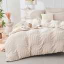 HYMOKEGE Beige Queen Comforter Set Seersucker 7 Pieces, All Season Luxury Bed in a Bag for Bedroom, Bedding Set with Comforters, Sheets, Pillowcases & Shams