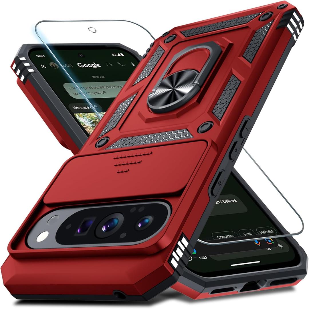 Janmitta Case Compatible with Google Pixel 10 Pro XL Built in Slide Camera Lens Cover+Screen Protector+Finger Ring Holder Kickstand,Heavy Duty Shockproof Full Body Protective Phone Cover,Red