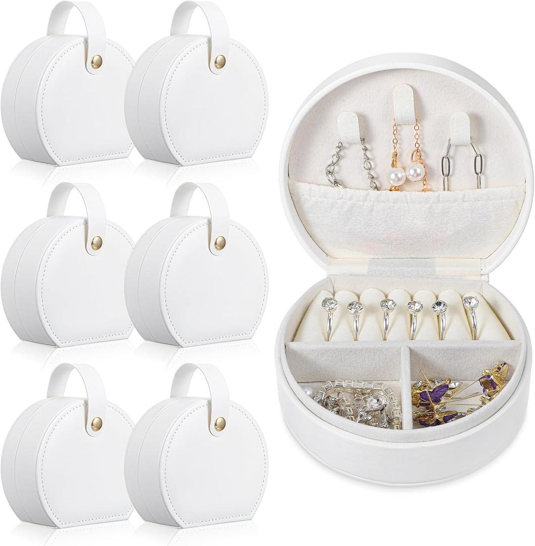 6 Pack Travel Jewelry Case, Mini Leather Bridesmaid Jewelry Gift Box Bulk, Half Moon Design, Detachable Handle, Small Earring Storage Organizer for Women Girls Bridesmaid Proposal Gifts (White)