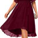 Plus Size Dresses Wedding Guest - Formal Cocktail Chiffon V Neck Short Sleeve High Low Dress Curvy Women (Wine Red)