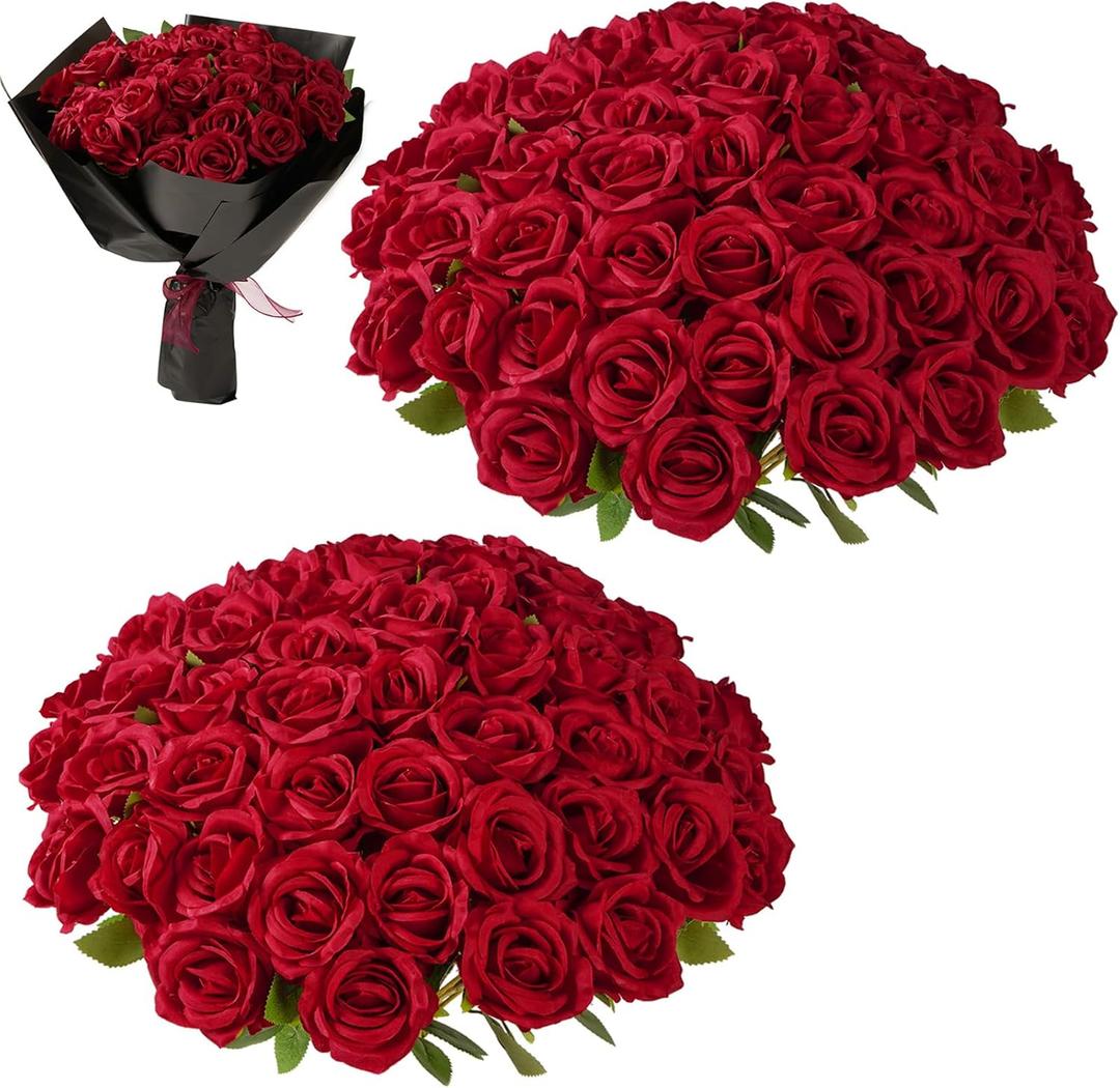 Red Roses Artificial Flowers Bulk, 52Pcs Fake Roses Flower Arrangement, DIY Silk Flowers Roses Bouquet, Realistic Faux Artificial Roses for Valentine's Day Home Table Decor