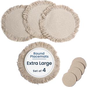 Fine Living Co. 15 Inch Round Placemats Set of 4 with 4-Free Coasters, Washable Heat Resistant Non-Slip Braided Cotton Placemats with Fringe, Boho Woven Table Mats for Dining Table Decor, Ivory