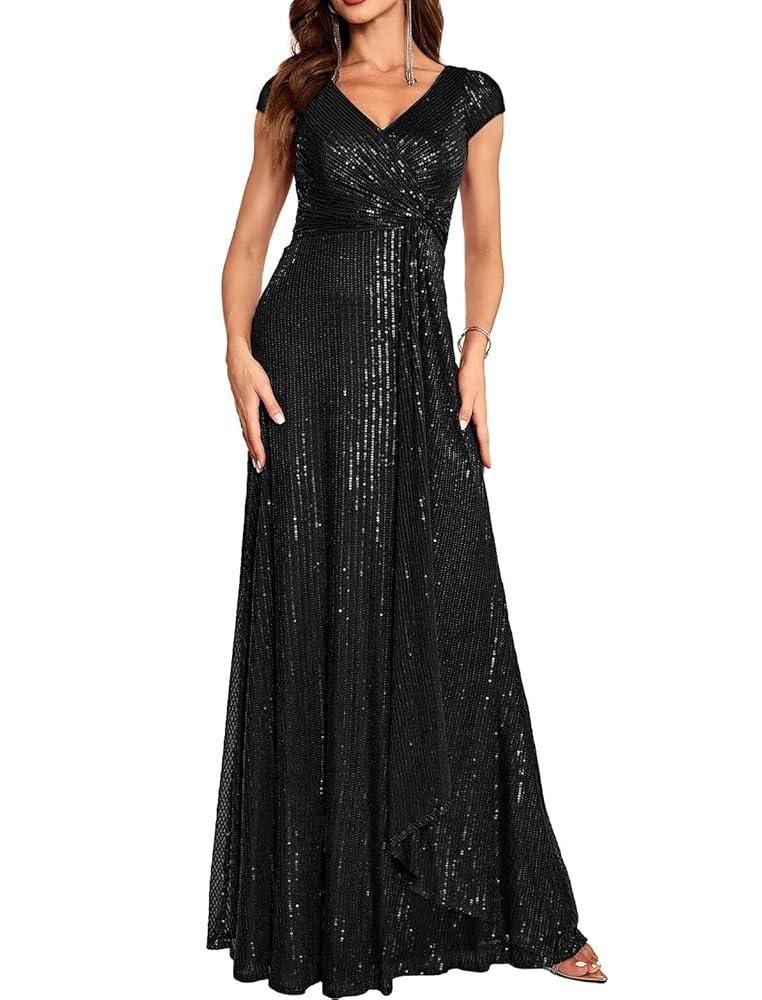 Meilun Short Sleeve Sequin Dress for Women Formal Evening Gowns Sparkly V Neck 1920s Long Dress Size XL