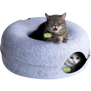 CATTASAURUS Peekaboo Cat Cave for Multiple & Large Cats Up to 30-45 Lbs, Scratch Detachable & Washable Tunnel Bed, Comfy Donut Cat Cave (Light Gray, Large)