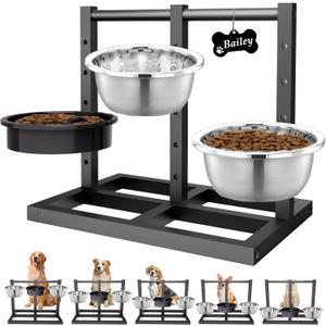 Elevated Dog Bowls Stand for Large Dogs, 5 Adjustable Height Metal Raised Dog Bowl Stand 3 Food Water Bowls and Slow Feeder Bowl with Non-Slip Feet