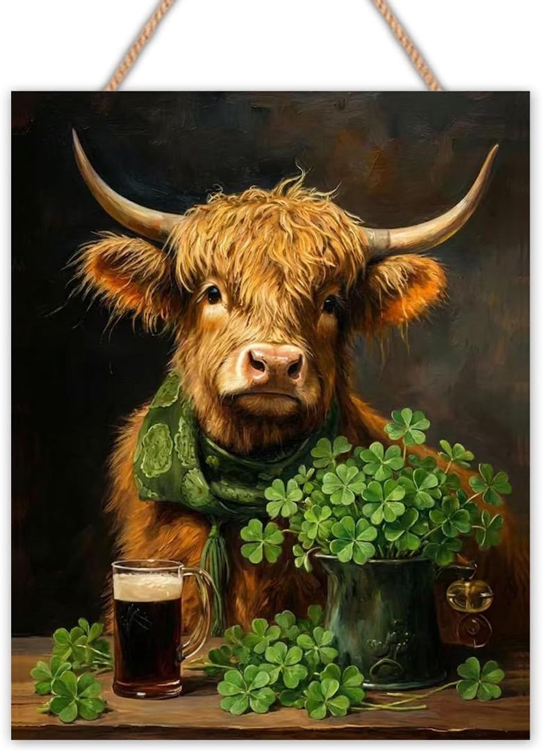 Highland Cow Decor, St Patricks Day Decor, St. Patrick's Day Decorations, Highland Cow Wooden Sign Home Office Living Room Kitchen Coffee Bar Hanging Wall Art Decorations 10 X 8 Inches