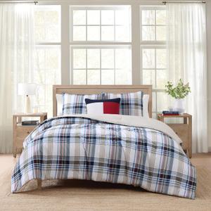 Tommy Hilfiger - Twin/Twin XL Comforter Set, Cotton Textured Bedding with Matching Sham, Medium Weight Bed Set, Oeko-TEX Certified (Waterbury Plaid Blue)