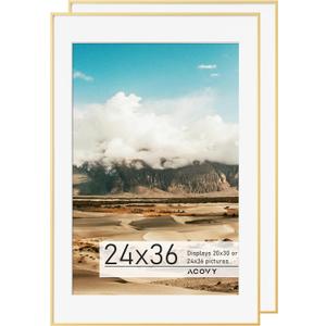 Premium Aluminum Picture Frame, 24x36 with Mat for 20x30, HD Tempered Glass, Metal Photo Frame for Wall Display (Gold, Pack of 2)