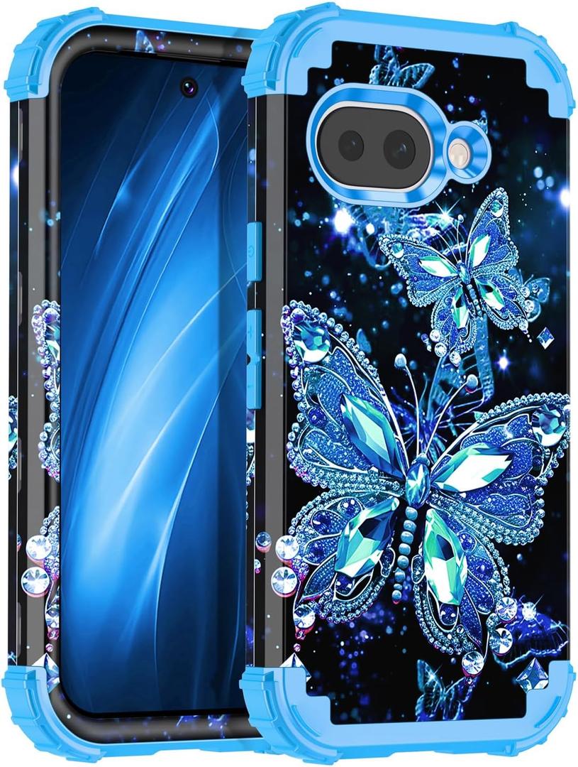 2 x Miqala for Google Pixel 9a Case,Glow in The Dark Three Layer Heavy Duty Shockproof Full Body Protection Hard Plastic Bumper+Soft Silicone Case for Google Pixel 9a,Deep Blue