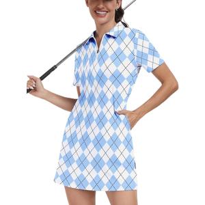 Soneven Womens Tennis Dress Sleeveless Golf Dresses with Shorts and Pockets Ruffle Sleeve Workout Athletic Dresses (X-Large, 138-blue Argyle)