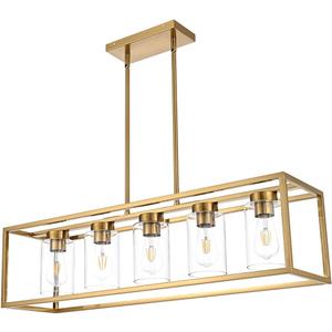 Farmhouse Chandeliers for Kitchen Island, Brushed Brass 5-Light Dining Room Lighting Fixtures, Modern Rectangular Pendant Lighting Chandelier with Clear Glass Shade (Gold, 5-Lights)
