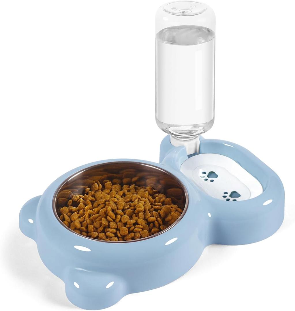 Juego de cuencos para perros, comida y agua para gatos con dispensador de agua y cuenco de acero inoxidable para gatos y perros pequeos, color azul claro