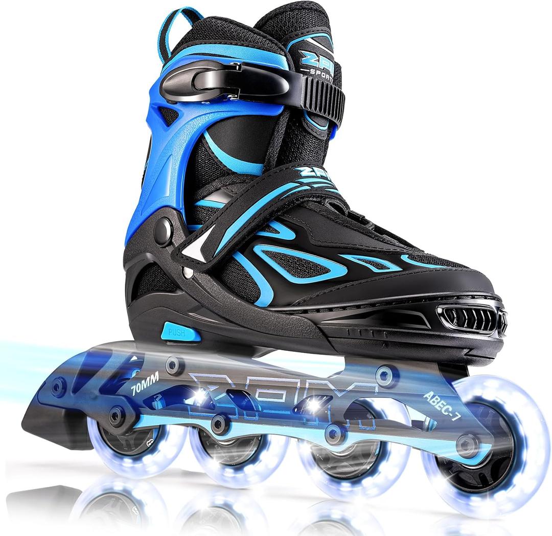 2PM SPORTS Vinal Girls Adjustable Flashing Inline Skates, All Wheels Light Up, Fun Illuminating Skates for Kids Men Adult Women and Boys (X-Large - Adult (9.5W-12W/8.5M-10.5M), Azure & Blue)
