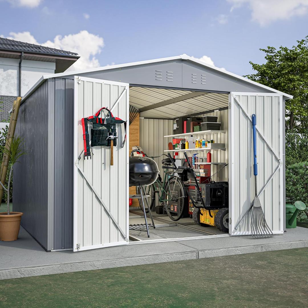 YOPTO 10x10 FT Outdoor Storage Shed with Floor,Metal Shed W/Air Vent & Sloped Roof,All Weather Waterproof Garden Tool House W/Lockable Hinged Door,for Backyard,Patio,Lawn,Gray