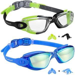 EverSport Kids Swim Goggles, Pack of 2 Swimming Goggles for Children Teens, Anti-Fog Anti-UV Youth Swim Glasses for Age4-16 (Green/Black & Mirrored Blue)