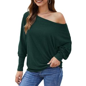 Aifer Women's Off The Shoulder Tops Sexy Long Sleeve Shirts Oversized Fashion Casual Batwing Sweaters Pullover Tunic Tops (XX-Large, Dark Green)