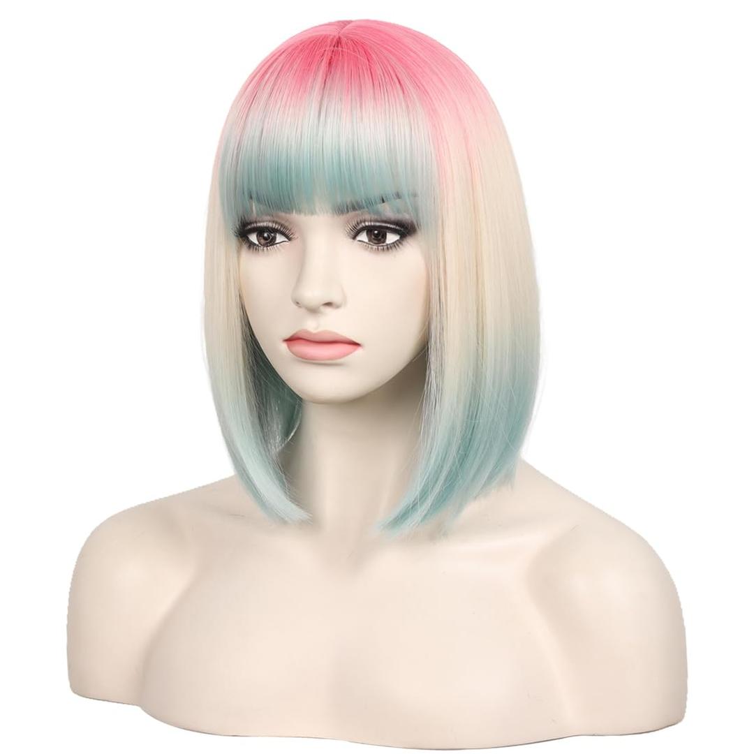 WildCos Short Bob Wig With Bangs 14 Inches Synthetic Cosplay Wig for Women (Pink - Blonde - Blue)