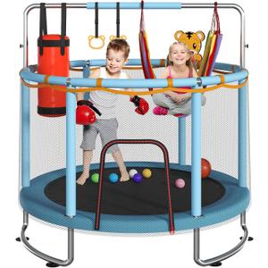 Trampoline for Kids, Upgrade Full Anti-Rust 440lbsToddler Trampoline with Net,Upgraded Ring Legs with Adjustable Gymnastics Bar&Toys, Gifts for Ages 1-8 Boys&Girls (55'', Blue)