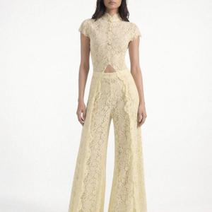 Generale Women's Elegant Two-Piece Lace Top Short Buttons Asymmetric Short Sleeves Loose Trousers Evening Outfit, XL