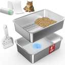 19.6''x13.7''x6'' Suzzipaws Stainless Steel Litter Box, Open Top Sifting Litter Box for Pine Pellets, Metal Litter Pan Tray System with Pee Pads & Liners, Odor Control, Low Dust, Easy Cleaning