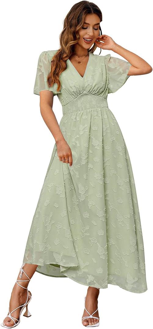 Simplee Women's Boho Floral Maxi Dress Flowy Casual V Neck Short Sleeve Wedding Guest Holiday Beach Long Dress (Green, L)