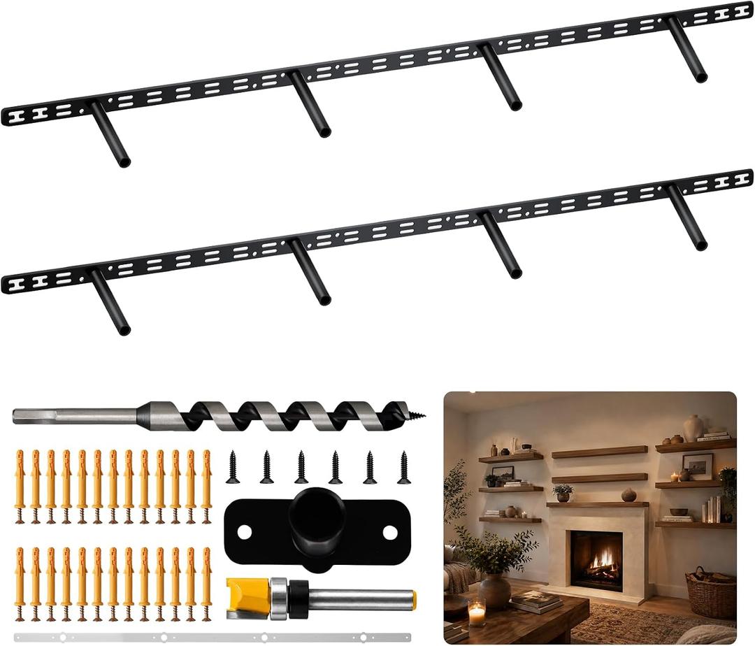 2pcs Heavy Duty Floating Shelf Brackets(Long Hole),43"x8"x1.0" Hidden Black Metal Fireplace Mantel Brackets，Invisible Floating Shelf Hardware for Heavy Duty Books and Wooden Shelves