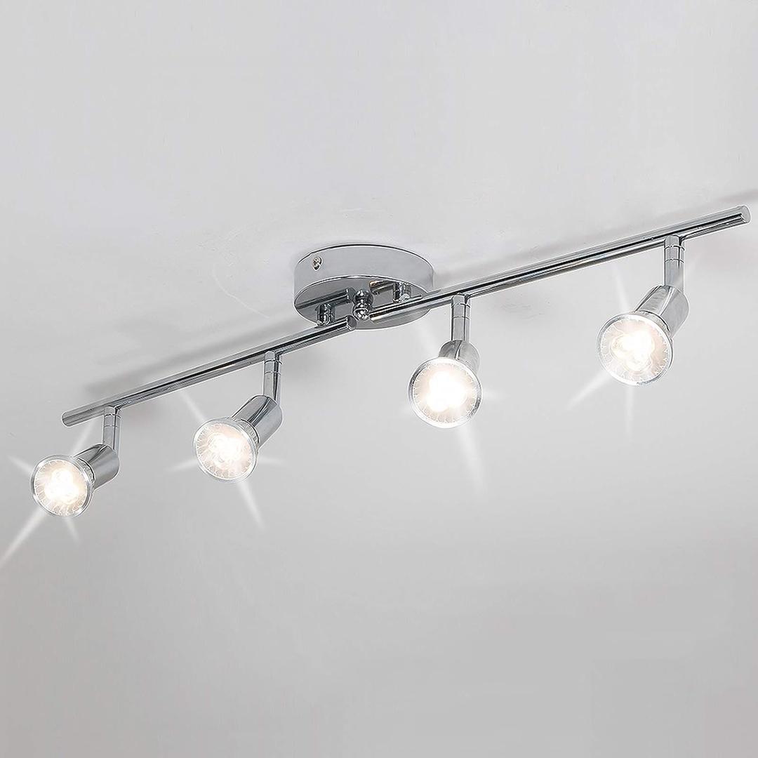 Qcyuui Modern 4-Light Track Lighting Kit, Flush Mount Wall/Ceiling Spot Lights Fixture, LED Track Lighting with Chrome Rotatable Light Head for Kitchen Living Room, 4GU10 Bulb (Included)