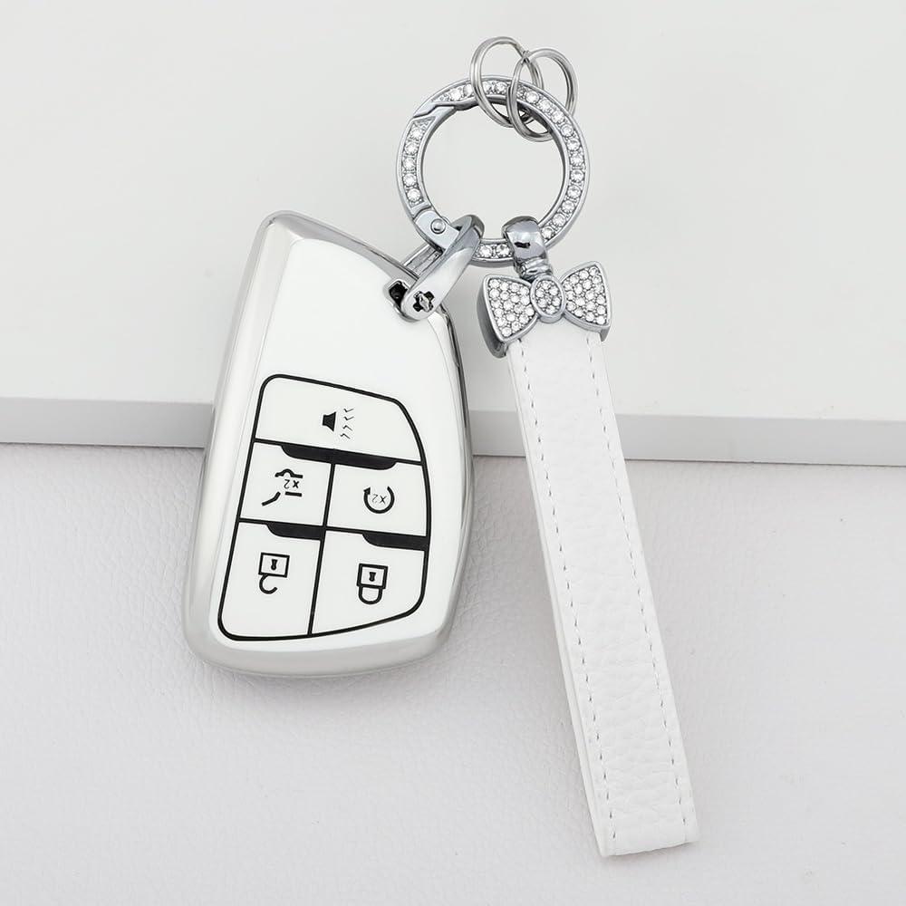 1797 White Key Fob Cover fit for Buick Envision fits for Chevy Chevrolet Silverado Sierra 1500 Accessories Bling Car Keychain Case Shell 5 Button TPU