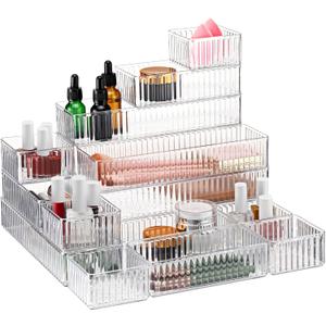 Teenyyou 18 Pcs Drawer Organizer Stackable 4 Size Makeup Drawer Organizer Trays Acrylic Bathroom Vanity Storage Bins for Cosmetic, Jewelries, Office Supply, Kitchen Utensils(Clear,Stripes)