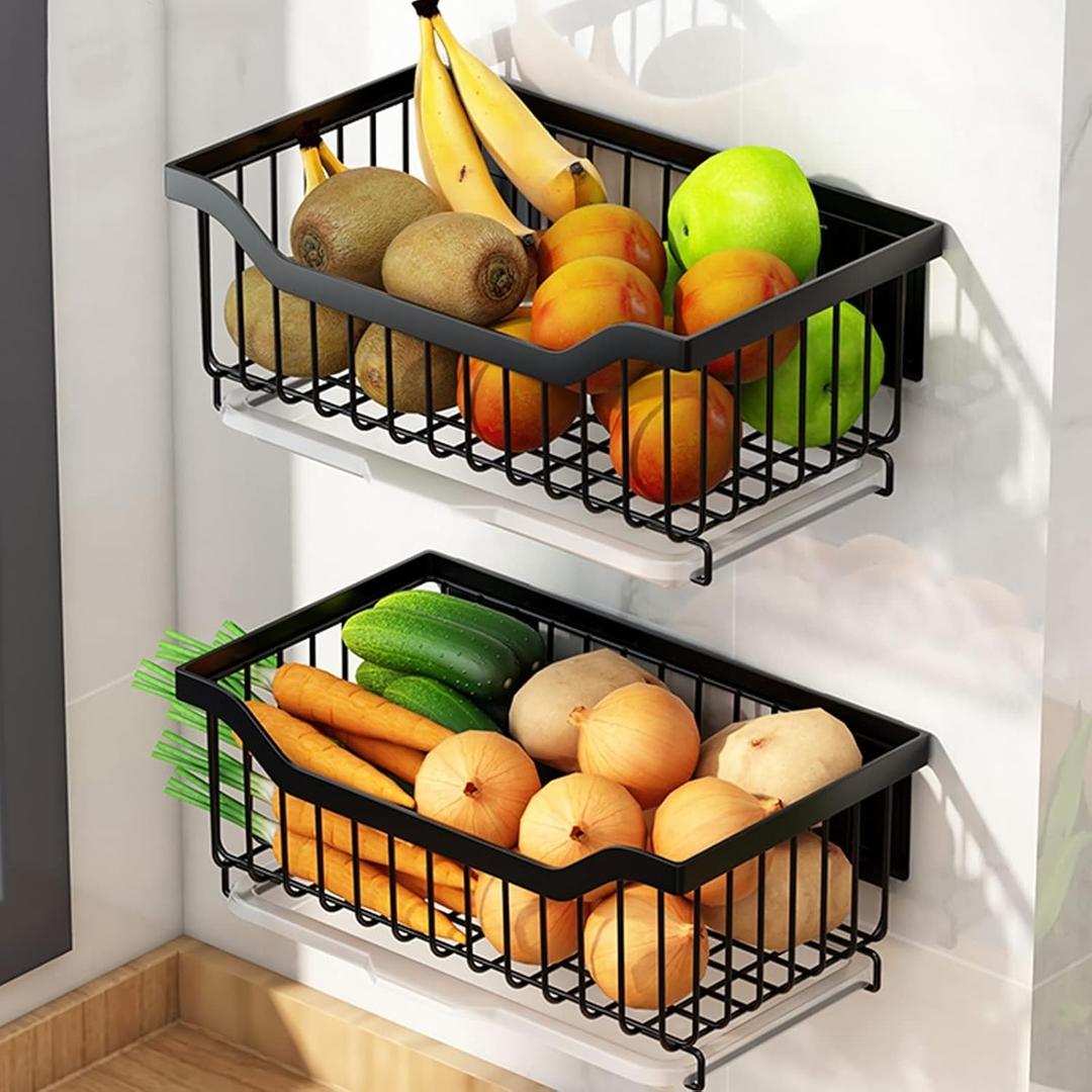 Wall Mounted Fruit And Vegetable Rack, Metal Wire Storage Baskets , For Kitchen Fruit And Vegetable And Counter Snack Storage, Stainless Steel Stackable Fruit Vegetable Stand, 2 Levels Black fruit and (34x17.5x11cm)