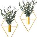 2 Pieces Wall Decor Hanging Planters with Artificial Plants Metal Hanging Vase Indoor Plants Holder Modern Geometric Wall Art for Home Bedroom Living Room Office(Eucalyptus)