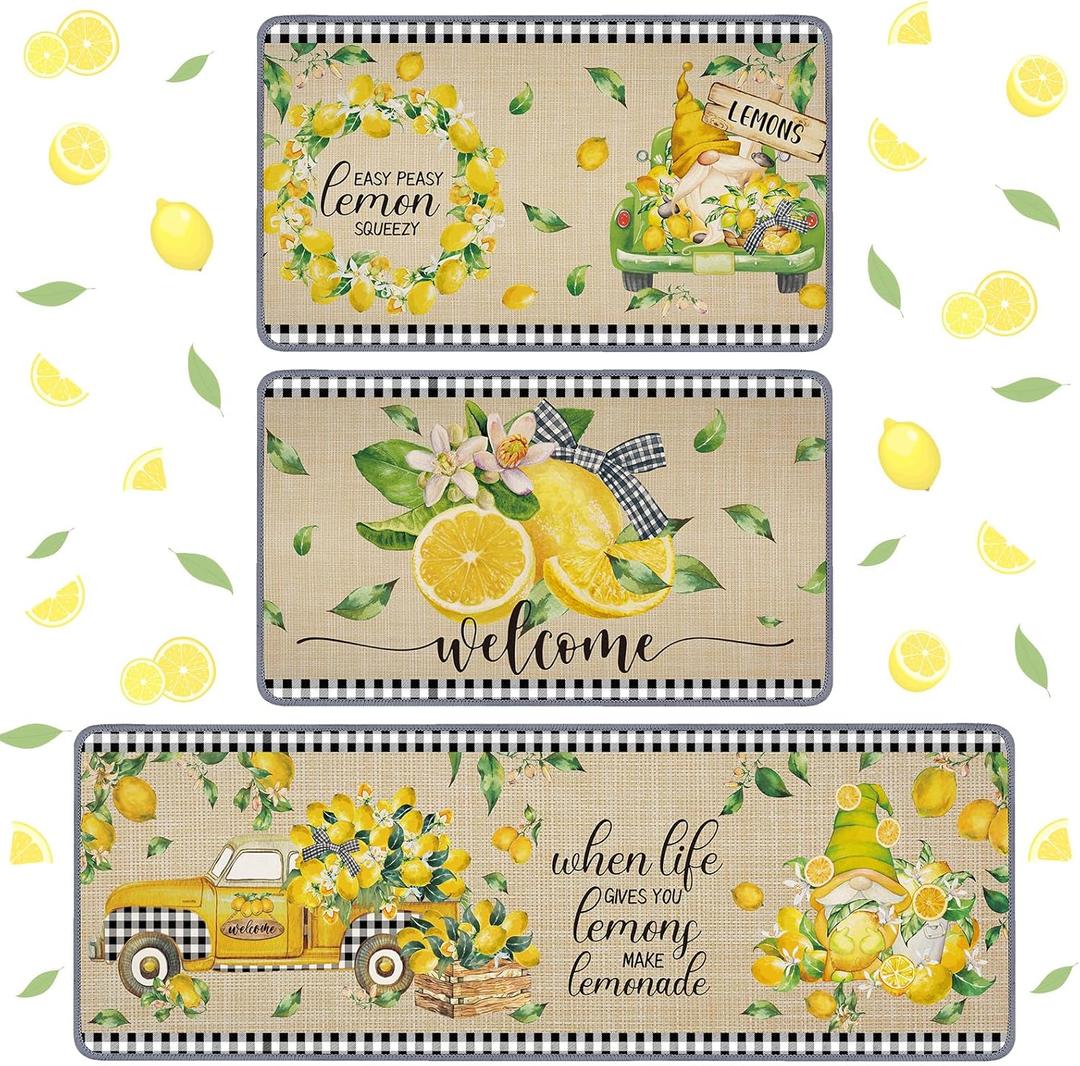 Timgle 3 Pcs Lemon Kitchen Rugs Gnomes Rug Retro Style Non Slip Kitchen Print Standing Mat Washable Floor Comfortable Mat for Home Office Sink 17 x 29 Inch 17 x 47 Inch