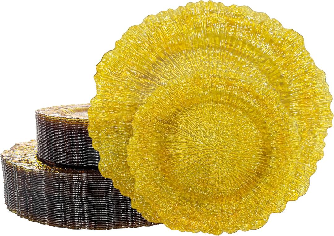 U-QE 60PCS Clear Yellow Plates - Yellow Plastic Plates Disposable&Reusable - Heavy Duty Plastic Plate for Party&Wedding Including 30 Dinner Plate 10" & 30 Appetizer 7"