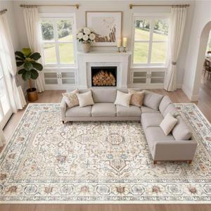 10x14 Area Rugs Living Room: Washable Boho Large Neutral Vintage Soft Rug Stain Resistant Farmhouse Non Slip Indoor Floor Carpet for Bedroom Nursery Kids Playroom Office Dining Room- Cream Blue