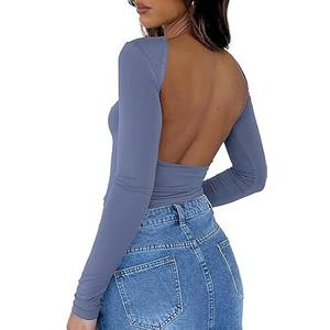 ForeFair Women Sexy Backless Short Sleeve Slim Fit Crewneck Summer Casual Y2K Crop Tee, Medium
