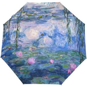 Vipsk Folding Umbrella Claude Monet Water Lilies Painting Travel Umbrella Windproof Automatic Compact Rain Travel Umbrella,Lightweight,Auto Open/Close