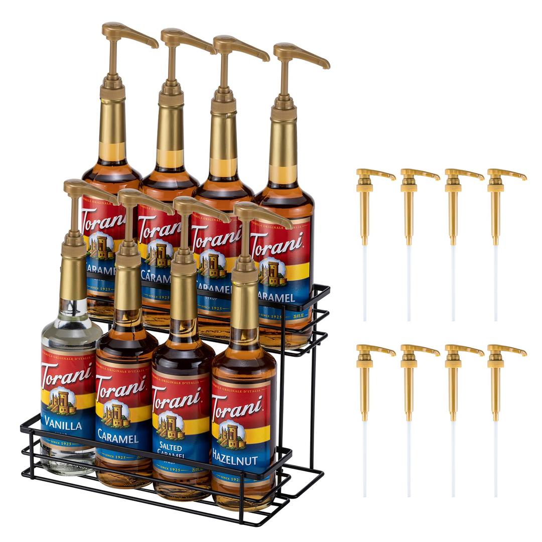 Coffee Syrup Organizer, 8 Bottle Capacity Syrup Stand, 2 Tier Syrup Rack for Coffee Bar Accessories with 8 Coffee Syrup Pump, Syrup Holder for Kitchen, Storage for Syrup, Wine, DressingBlack